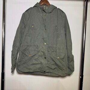 Green Utility Jacket With Zip Up, Buttons, Pockets Hood Size Large 100% Cotton